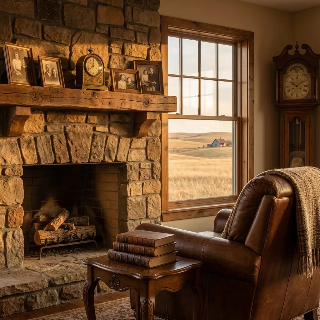 Family photographs beside a fireplace in an Oklahoma home