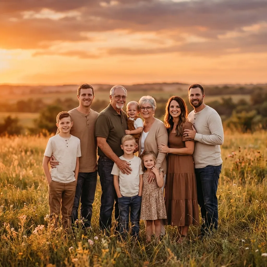 Family walking outdoors at sunset